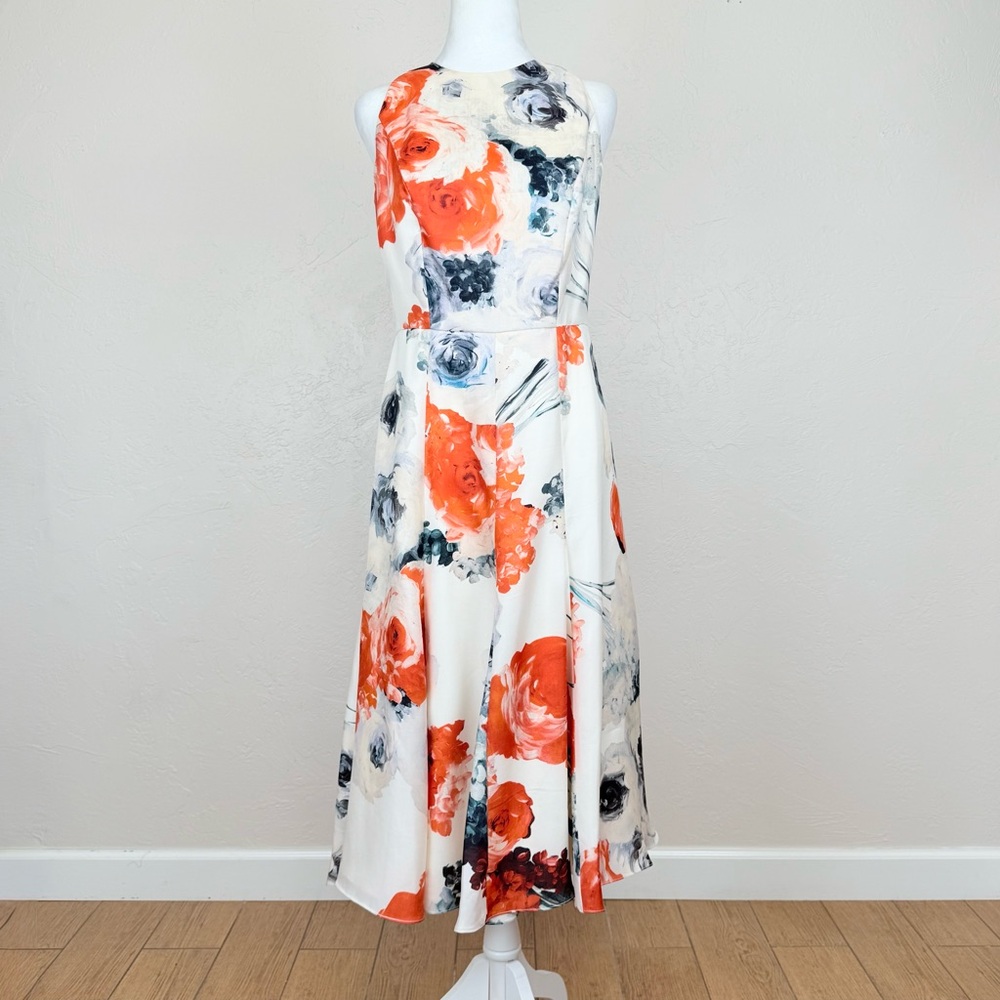 Carmen Marc Valvo Silk Floral Midi Dress Abstract Rose Hydrangea Print Size 6